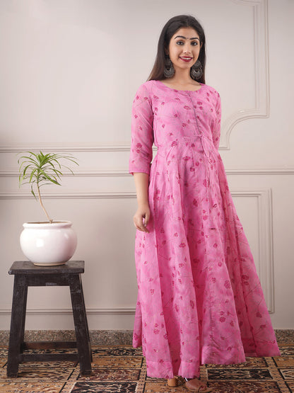 Rajwada Pink Chanderi Printed Stitched Gown for Women