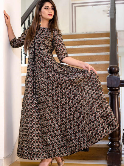 Rajwada Black Muslin Printed Stitched Gown for Women