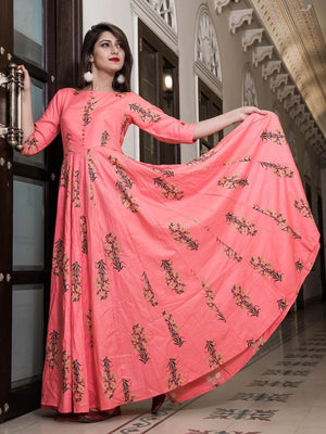 Rajwada Pink Muslin Printed Stitched Gown for Women