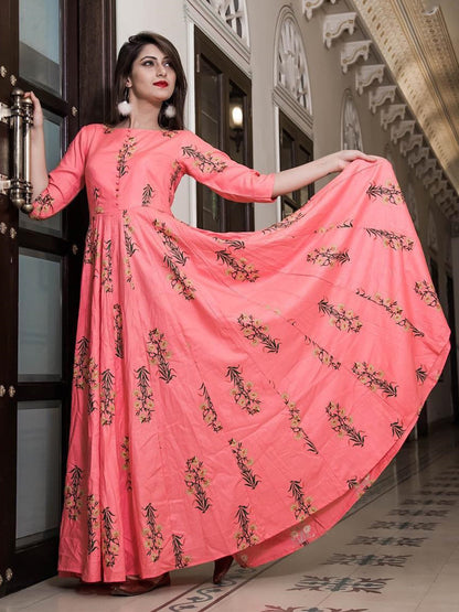 Rajwada Pink Muslin Printed Stitched Gown for Women