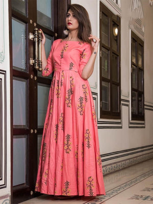 Rajwada Pink Muslin Printed Stitched Gown for Women