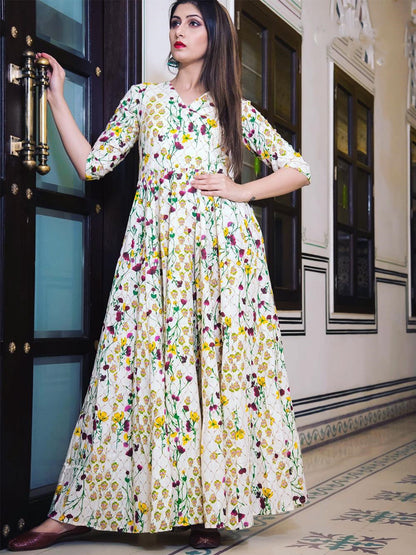 Rajwada Cream Muslin Printed Stitched Gown for Women