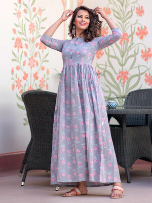 Rajwada Purple Muslin Printed Stitched Gown for Women