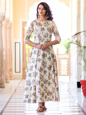 Rajwada Cream Muslin Printed Stitched Gown for Women