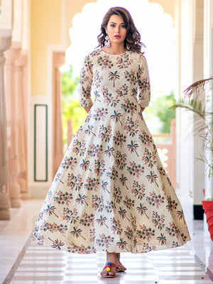 Rajwada Cream Muslin Printed Stitched Gown for Women