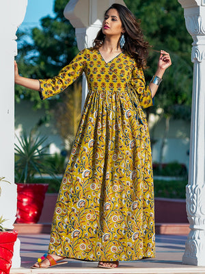 Rajwada Yellow Muslin Printed Stitched Gown for Women