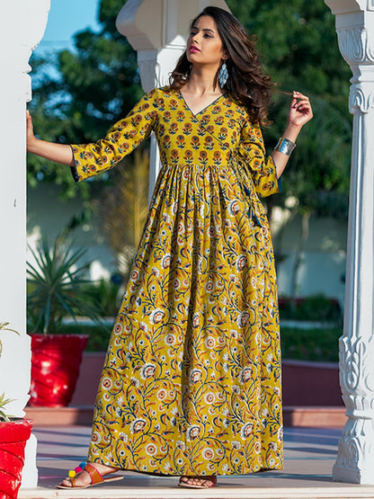 Rajwada Yellow Muslin Printed Stitched Gown for Women
