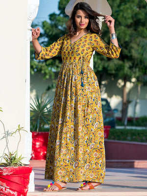Rajwada Yellow Muslin Printed Stitched Gown for Women