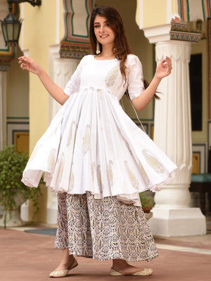 Rajwada White Muslin Printed Stitched Kurta Set For Women