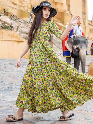 Rajwada Yellow Muslin Printed Stitched Gown for Women