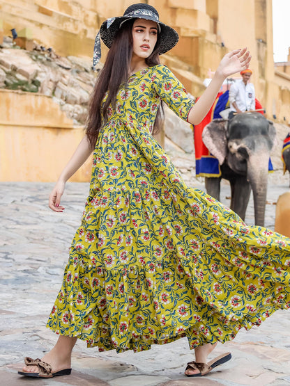 Rajwada Yellow Muslin Printed Stitched Gown for Women