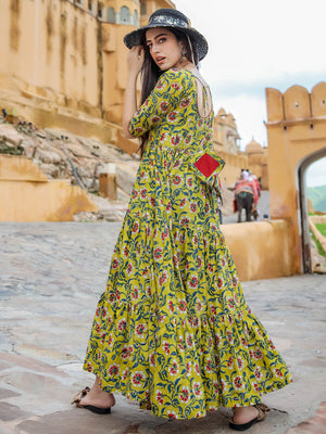 Rajwada Yellow Muslin Printed Stitched Gown for Women