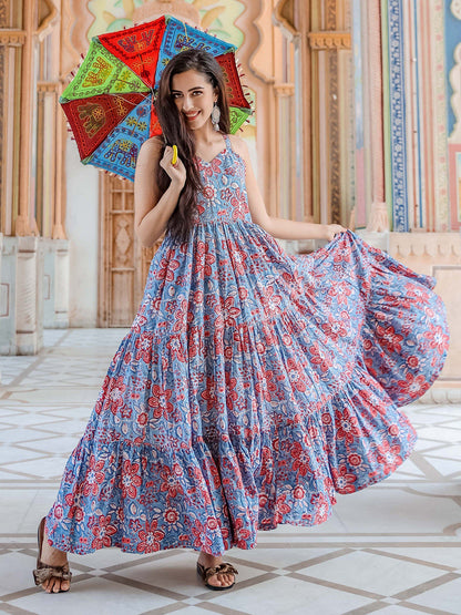 Rajwada Light Blue Muslin Printed Stitched Gown for Women