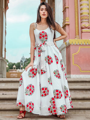 Rajwada White Muslin Printed Stitched Gown for Women