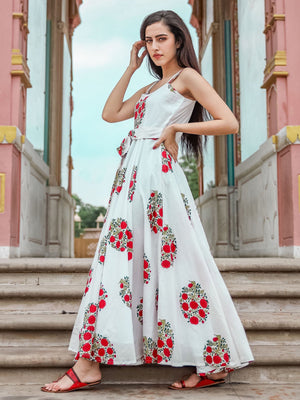 Rajwada White Muslin Printed Stitched Gown for Women