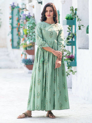 Rajwada Sea Green Muslin Printed Stitched Gown for Women