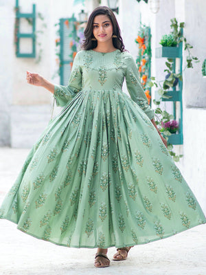 Rajwada Sea Green Muslin Printed Stitched Gown for Women