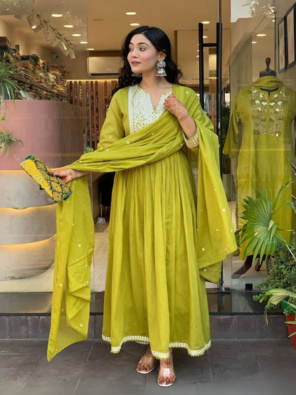 Rajwada Lime Green Cotton Blend Embroidered Kurta Set For Women