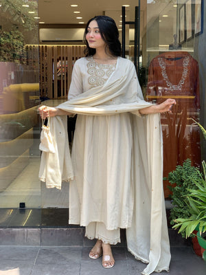 Rajwada White Cotton Blend Embroidered Kurta Set For Women