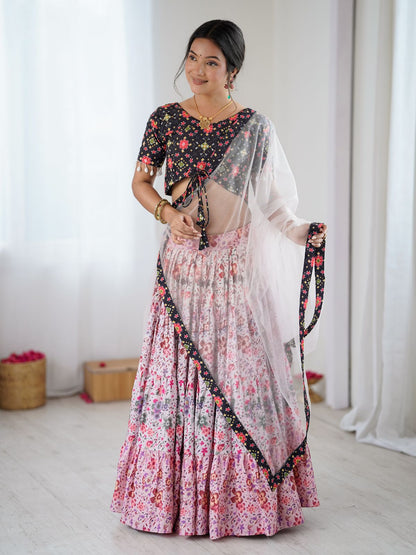 Rajwada Pink & Black Viscose Rayon Printed Lehenga For Women