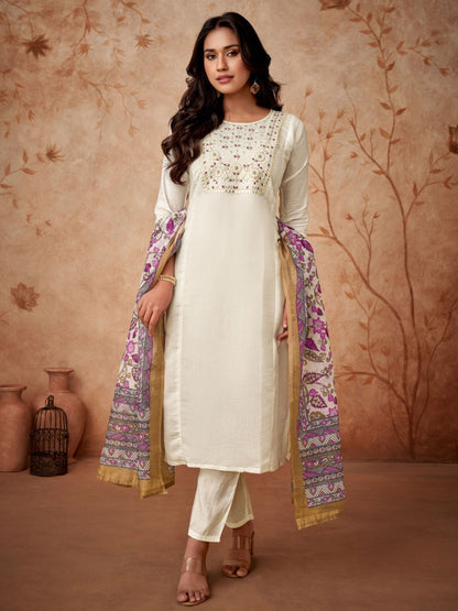 Rajwada Off White Embroidered Viscose Silk Stitched Kurta Salwar Set For Women