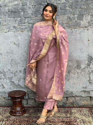 Rajwada Mauve Embroidered Viscose Silk Stitched Kurta Salwar Set For Women