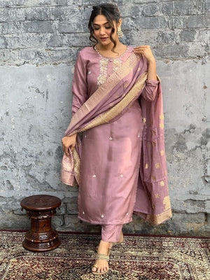 Rajwada Mauve Embroidered Viscose Silk Stitched Kurta Salwar Set For Women
