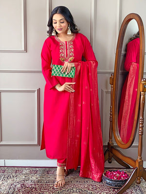 Rajwada Red Embroidered Viscose Silk Stitched Kurta Salwar Set For Women