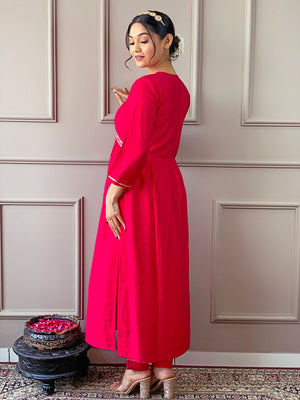 Rajwada Red Embroidered Viscose Silk Stitched Kurta Salwar Set For Women