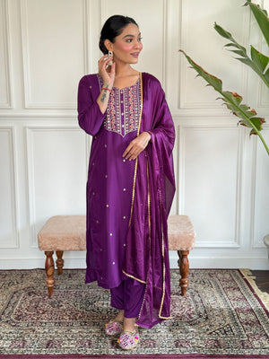 Rajwada Purple Embroidered Rayon Stitched Kurta Salwar Set For Women