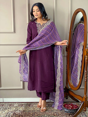 Rajwada Purple Embroidered Viscose Silk Stitched Kurta Salwar Set For Women