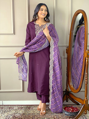 Rajwada Purple Embroidered Viscose Silk Stitched Kurta Salwar Set For Women