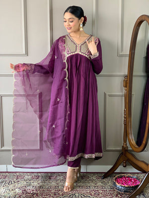 Rajwada Purple Embroidered Viscose Silk Stitched Kurta Salwar Set For Women