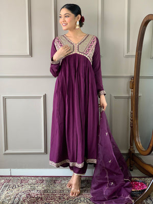 Rajwada Purple Embroidered Viscose Silk Stitched Kurta Salwar Set For Women