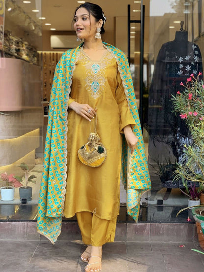 Rajwada Mustard Embroidered Cotton Blend Stitched Kurta Salwar Set For Women