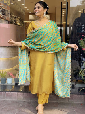 Rajwada Mustard Embroidered Cotton Blend Stitched Kurta Salwar Set For Women