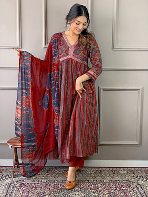 Rajwada Maroon Embroidered Cotton Blend Stitched Kurta Salwar Set For Women