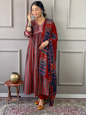 Rajwada Maroon Embroidered Cotton Blend Stitched Kurta Salwar Set For Women