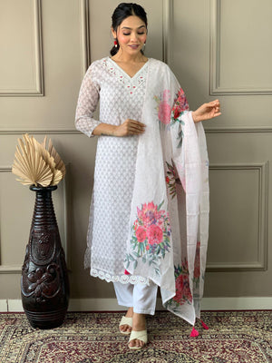 Rajwada White Embroidered Cotton Blend Stitched Kurta Salwar Set For Women