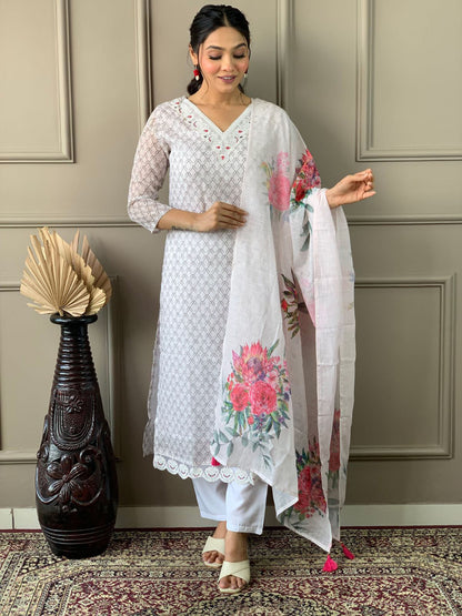 Rajwada White Embroidered Cotton Blend Stitched Kurta Salwar Set For Women