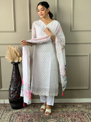 Rajwada White Embroidered Cotton Blend Stitched Kurta Salwar Set For Women