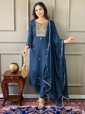 Rajwada Navy Blue Embroidered Rayon Stitched Kurta Salwar Set For Women