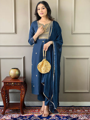 Rajwada Navy Blue Embroidered Rayon Stitched Kurta Salwar Set For Women