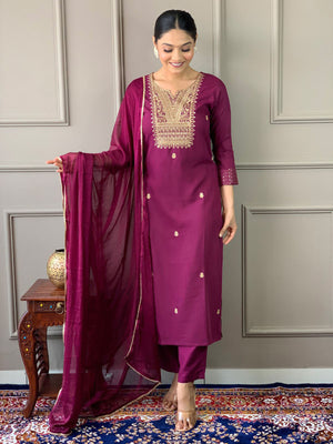 Rajwada Maroon Embroidered Rayon Stitched Kurta Salwar Set For Women