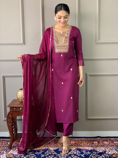 Rajwada Maroon Embroidered Rayon Stitched Kurta Salwar Set For Women