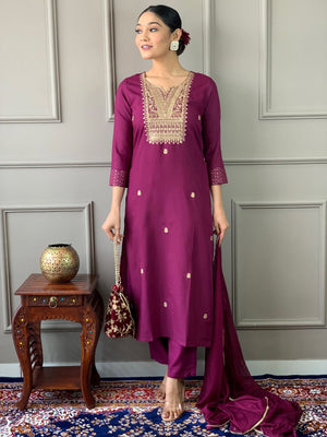 Rajwada Maroon Embroidered Rayon Stitched Kurta Salwar Set For Women