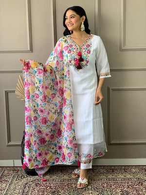 Rajwada White Embroidered Chanderi Silk Stitched Kurta Salwar Set For Women