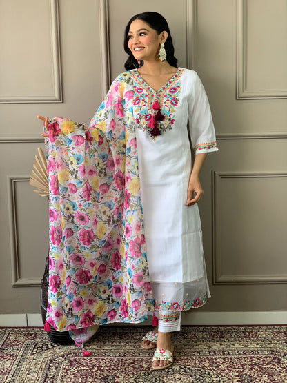Rajwada White Embroidered Chanderi Silk Stitched Kurta Salwar Set For Women