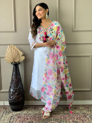 Rajwada White Embroidered Chanderi Silk Stitched Kurta Salwar Set For Women
