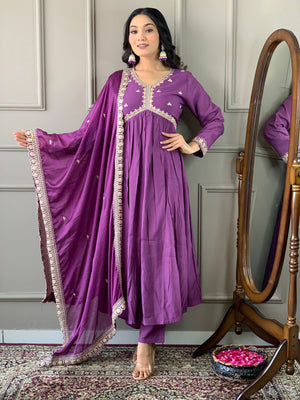 Rajwada Purple Embroidered Viscose Silk Stitched Kurta Salwar Set For Women